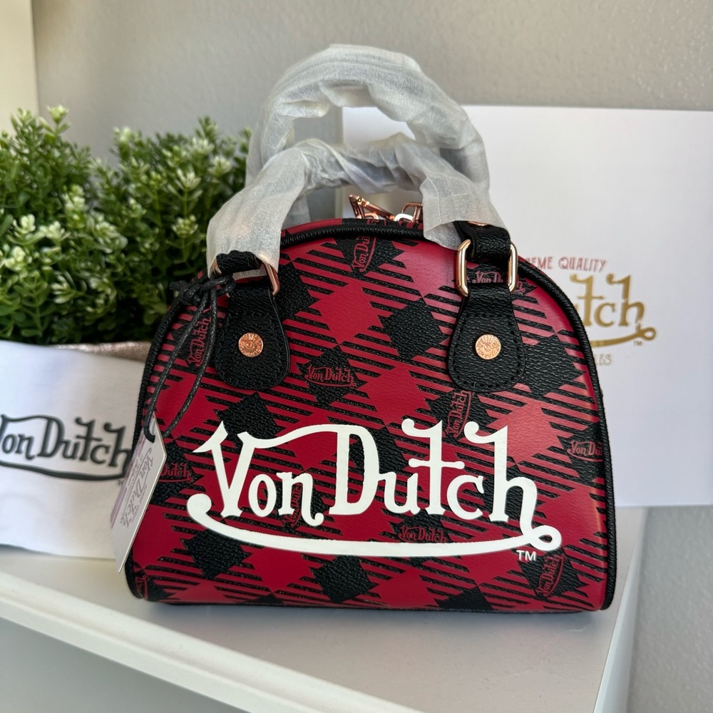 NWT Von Dutch Red and Black Plaid Bowling Crossbody Bag Y2K Retro - Picture 1 of 9